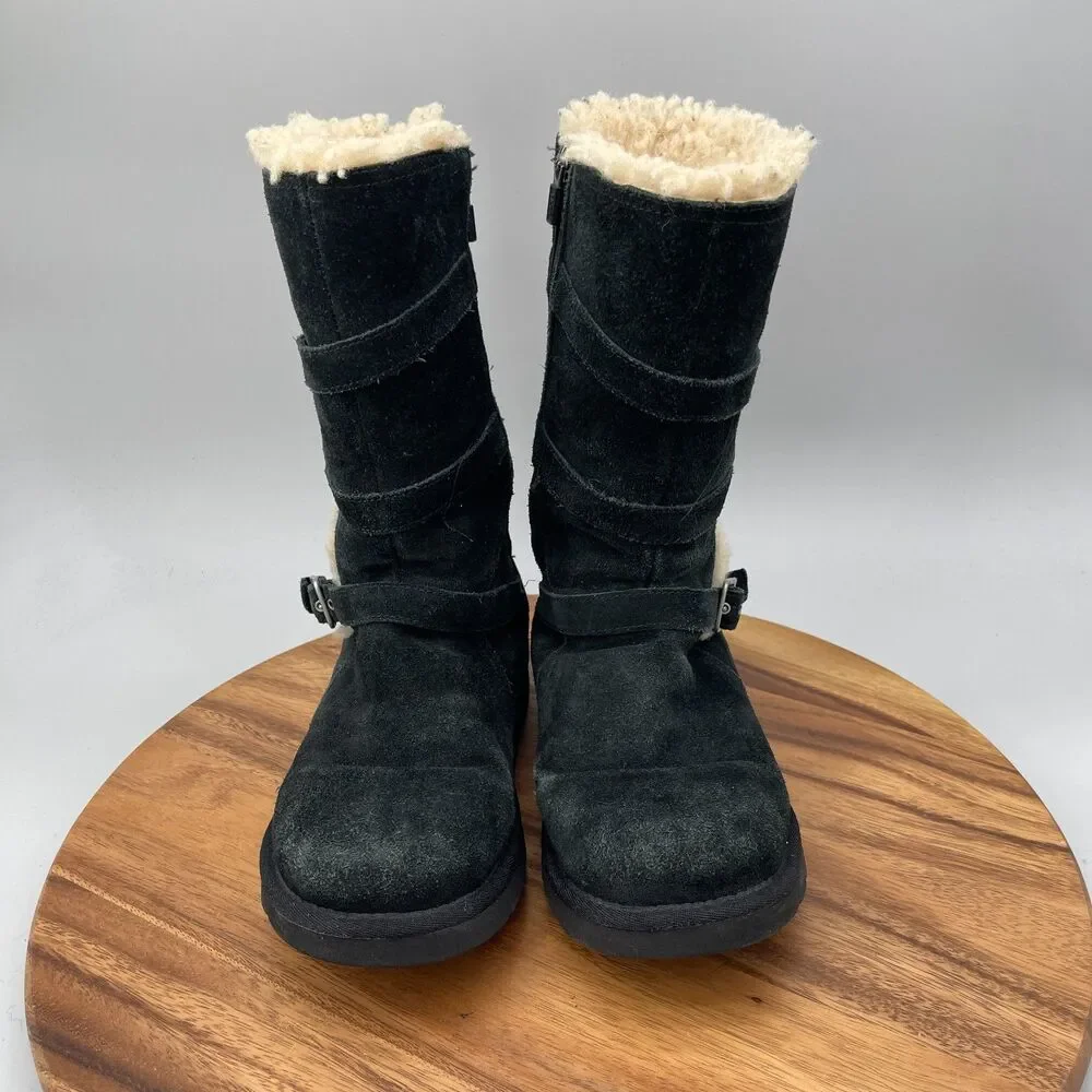 UGG Maddi Boots Girls Size 6 Black Suede Tall Zip Buckle